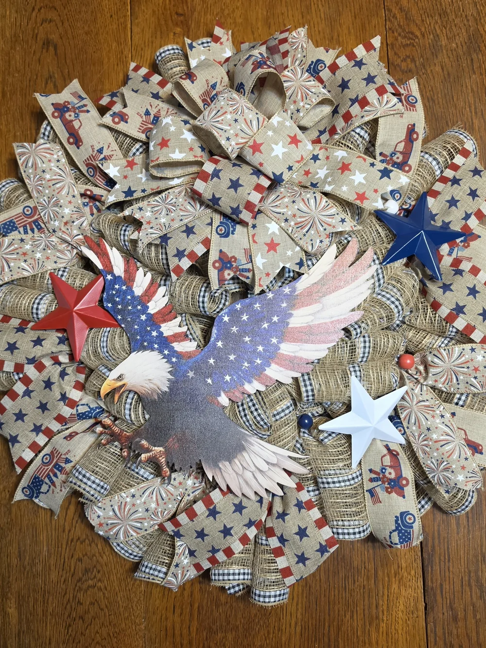 Patriotic Eagle Burlap Wreath with Red White Blue Stars
